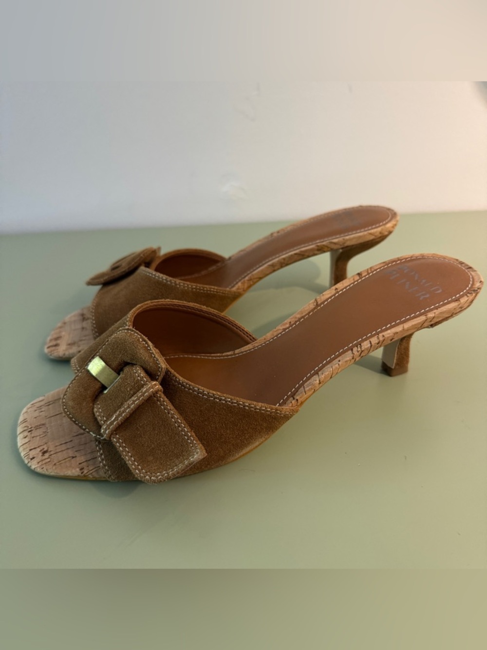 Donald Pliner Kitten Heel Brown Suede Buckle